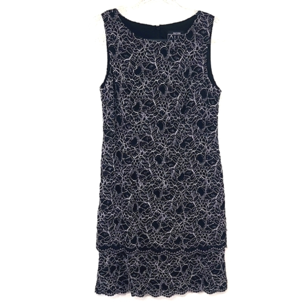 ALEX EVENINGS Layered Sleeveless Black/White Metallic Shimmery Lined Dress, 12P